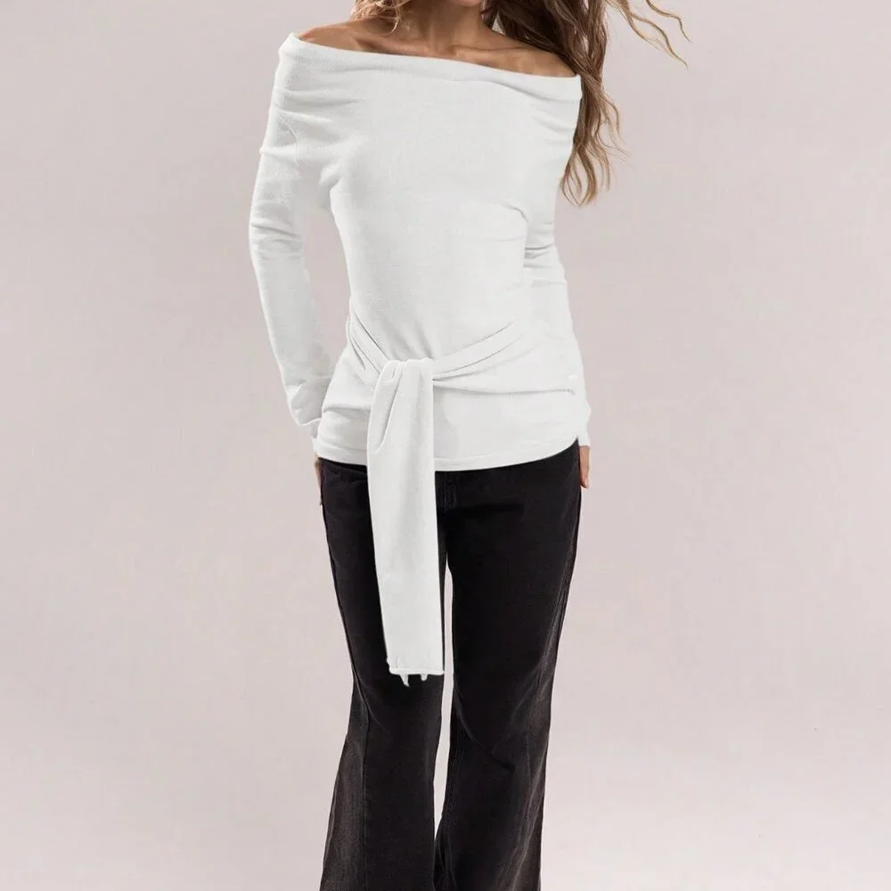 White Casual Women's Elegant Off Shoulder Long Sleeve Twist Front Sweater